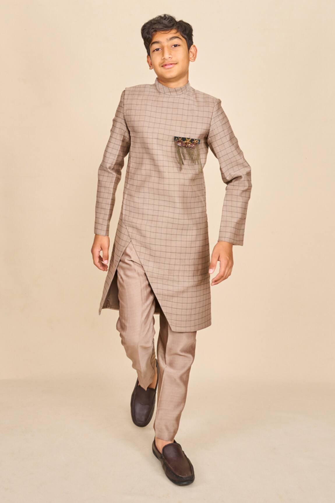 All Boy Couture Checkered Pattern Handwoven Achkan Set