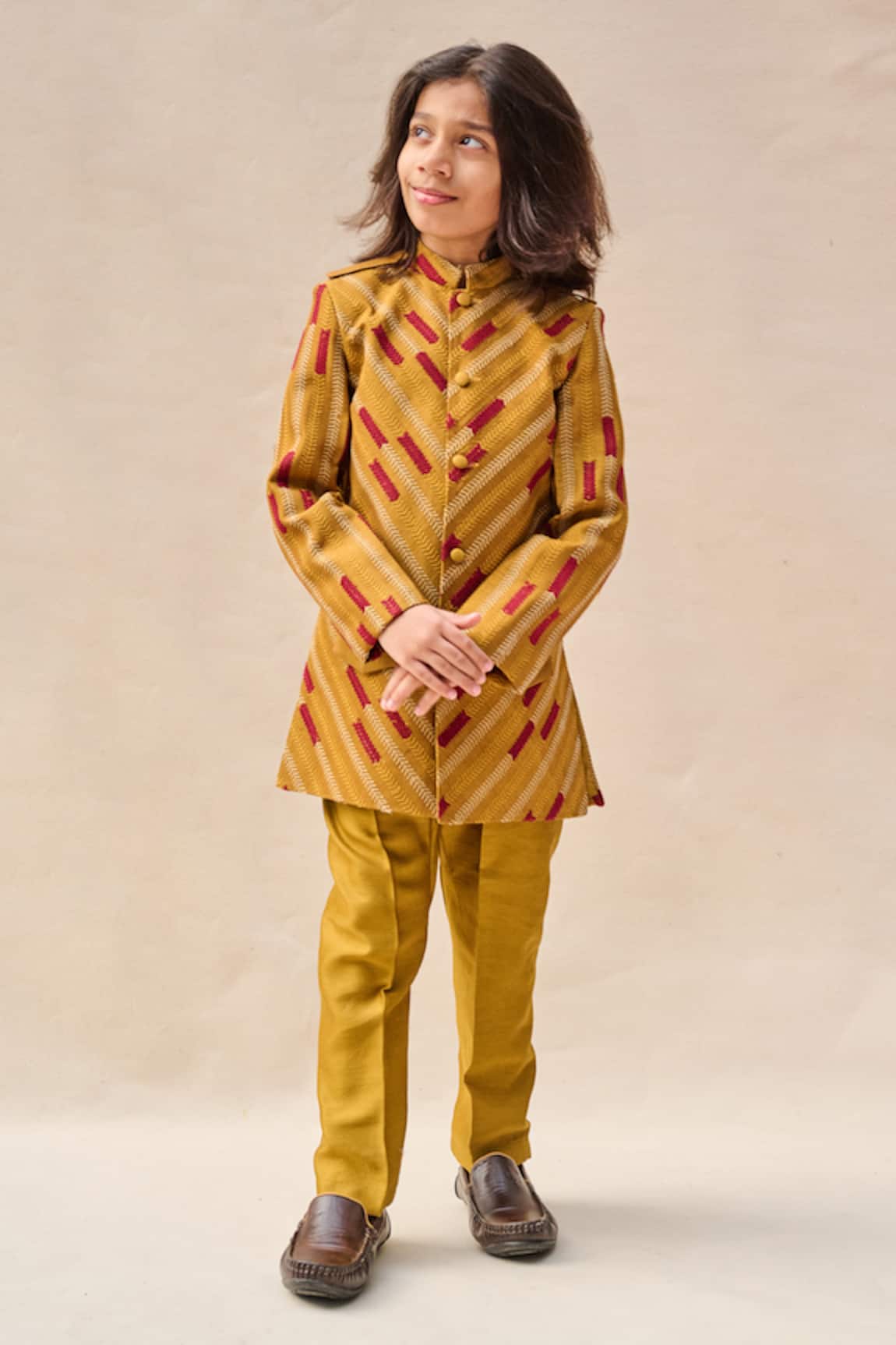 All Boy Couture Striped Thread Embroidered Achkan Set