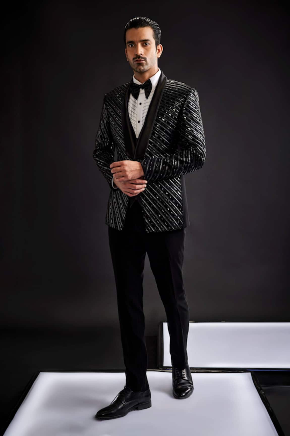 Sarab Khanijou Metallic Stripe Embellished Tuxedo & Pant Set