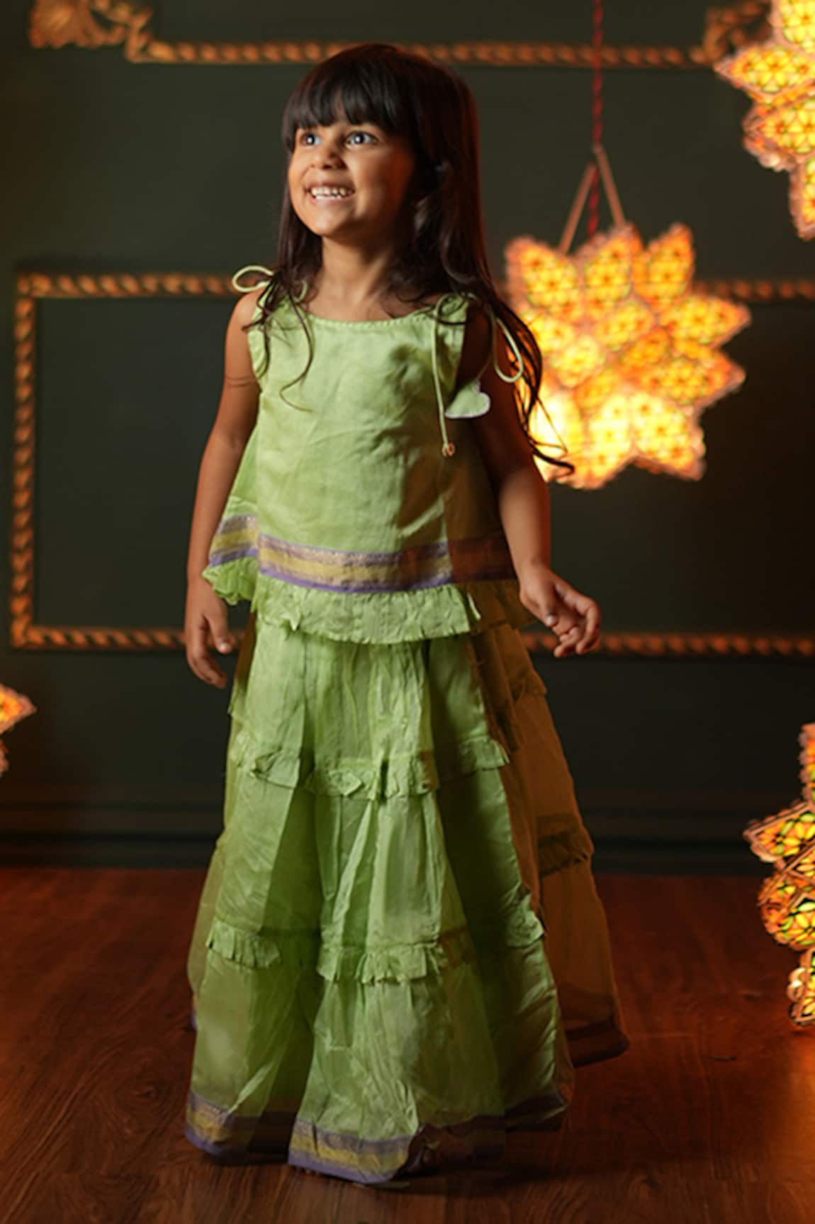 Love The World Today Sadabahar Frill Tiered Lehenga With Tie-Up Sleeves Blouse