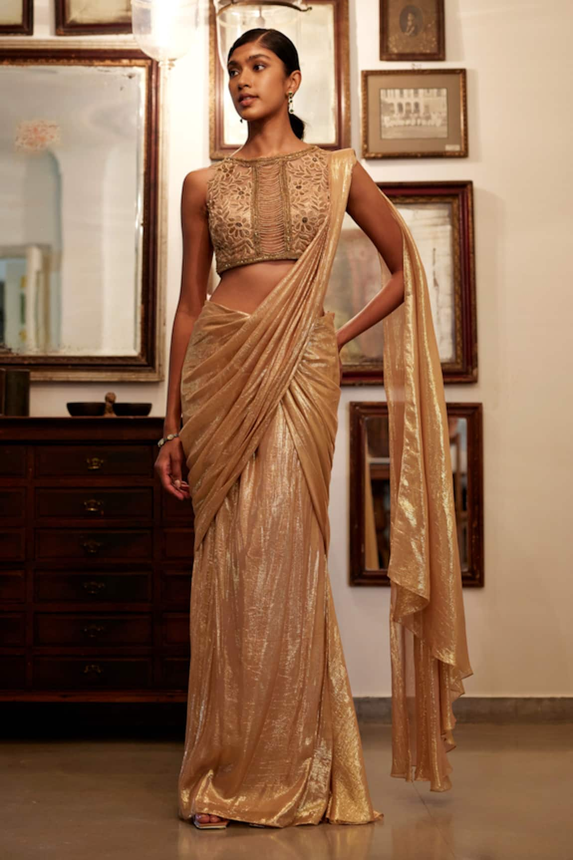 Parshya Shimmer Pre-Draped Saree With Embroidered Blouse