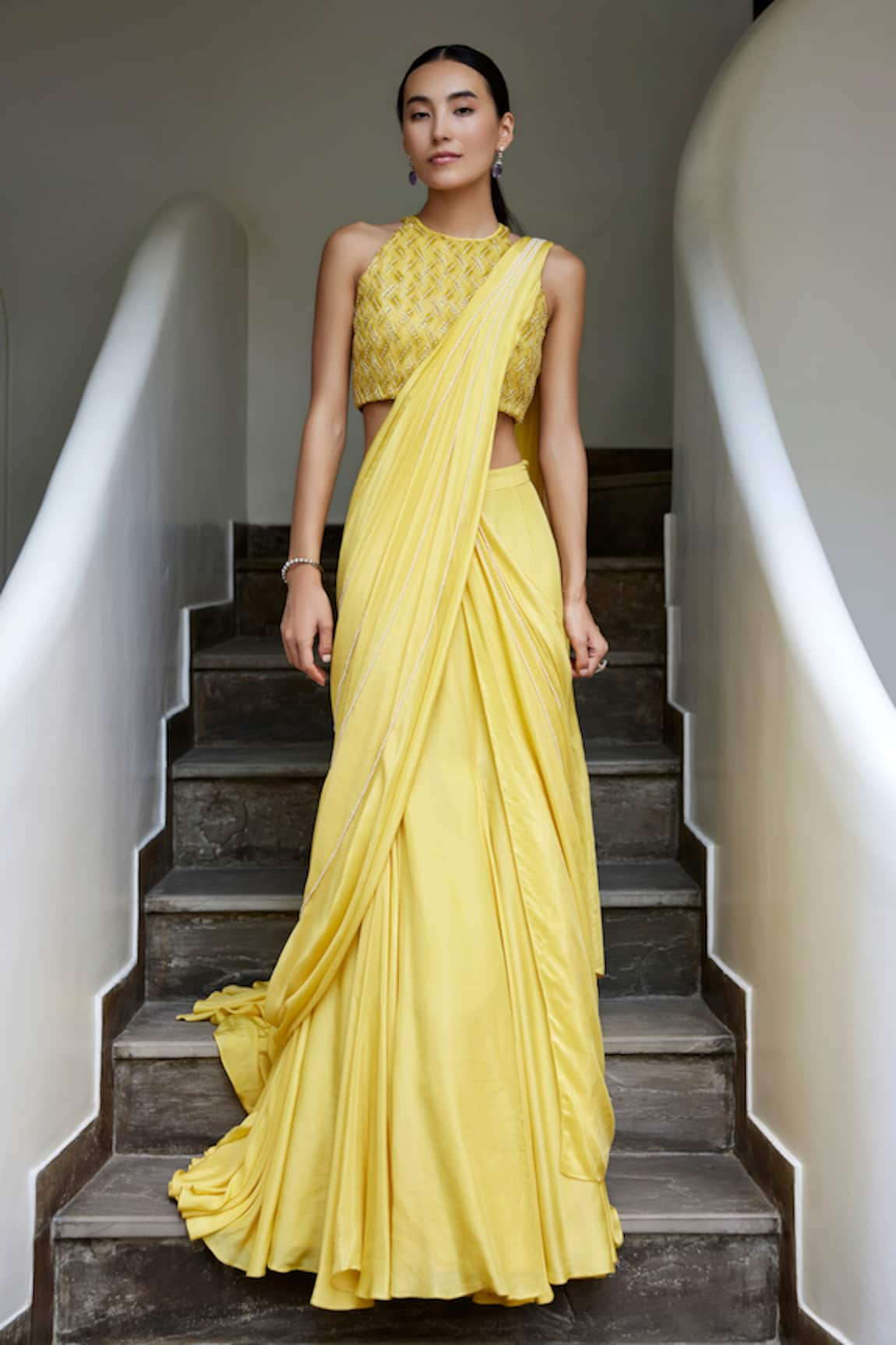 Parshya Pearl Embellished Pre-Draped Saree With Blouse