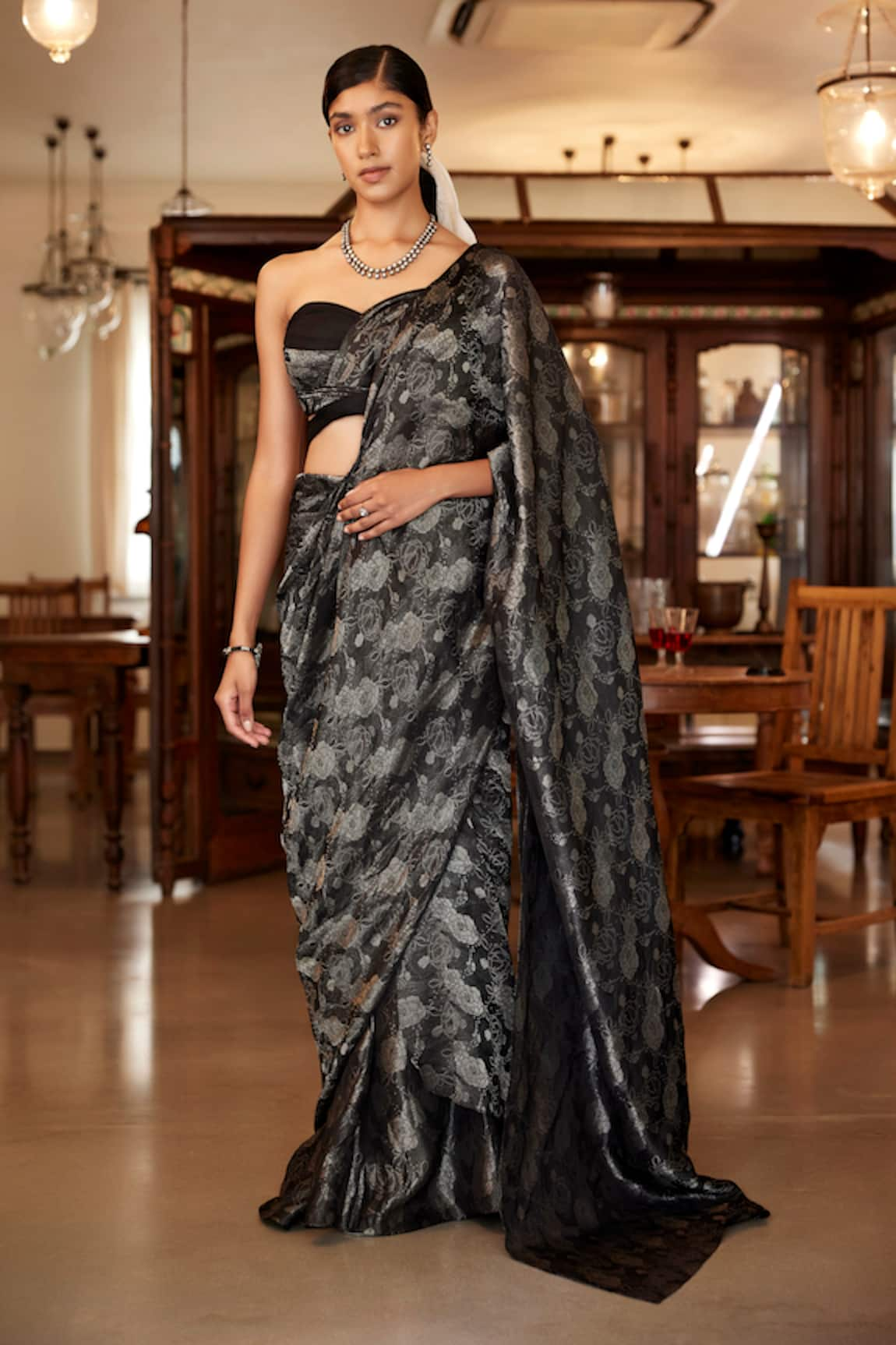 Parshya Musk Rose Woven Pre-Draped Saree With Tube Blouse