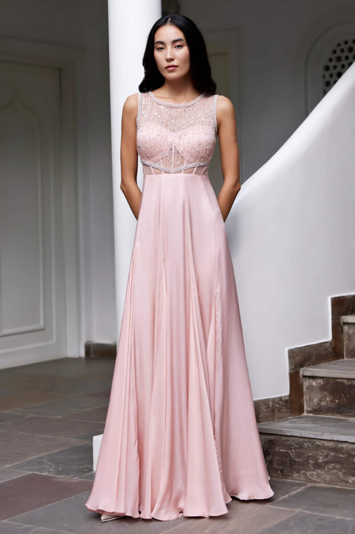 Parshya Embellished Corset Bodice Flared Gown