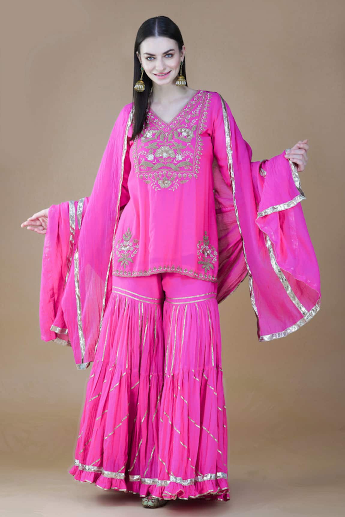 Nazar by Indu Floral Thread & Sequin Embroidered Kurta Sharara Set