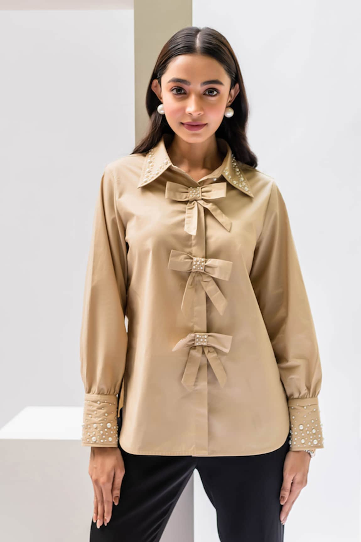 House of Dreams Pearl Embellished Bow Shirt