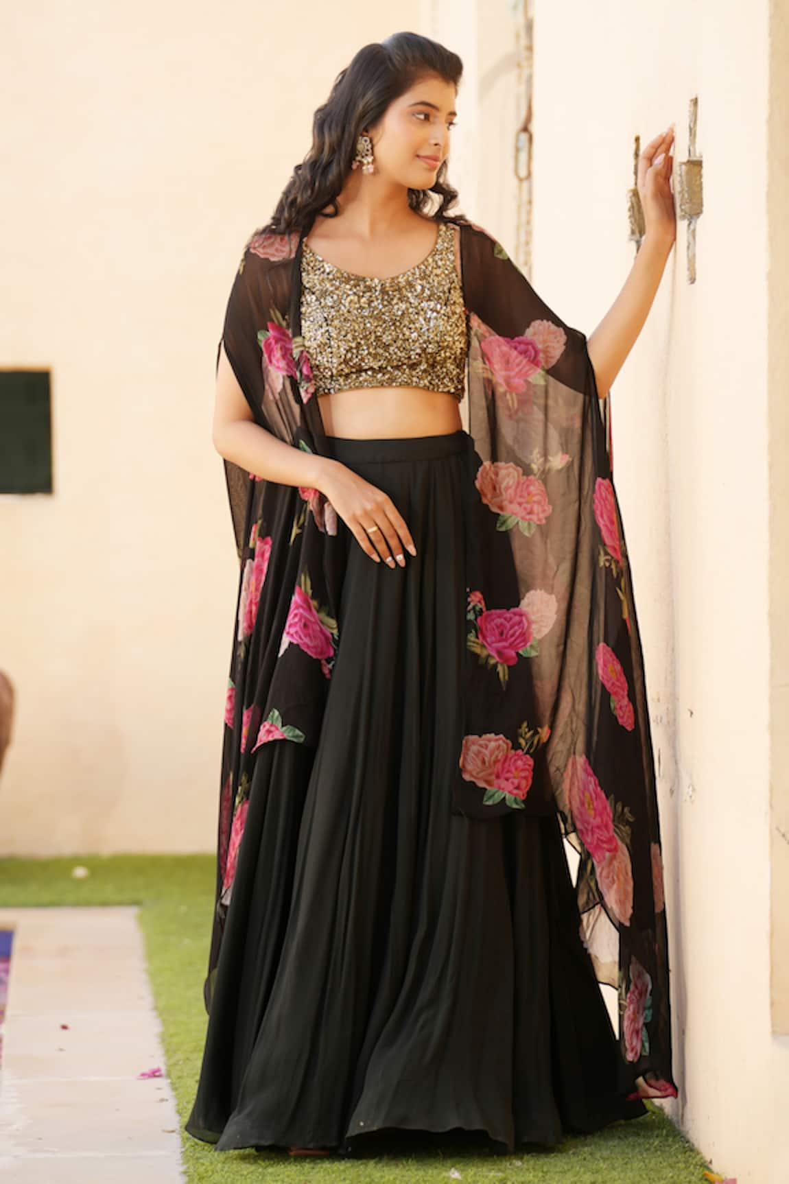 House Of TA-YA Floral Print Cape Lehenga Set