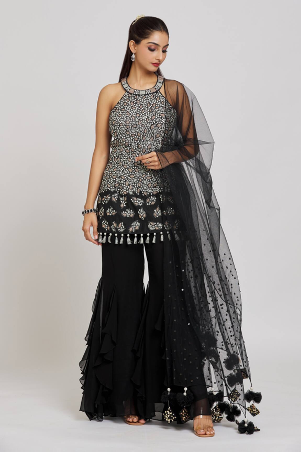 Nitisha Kashyap Official Emnbroidered Halter Neck Kurta Sharara Set 