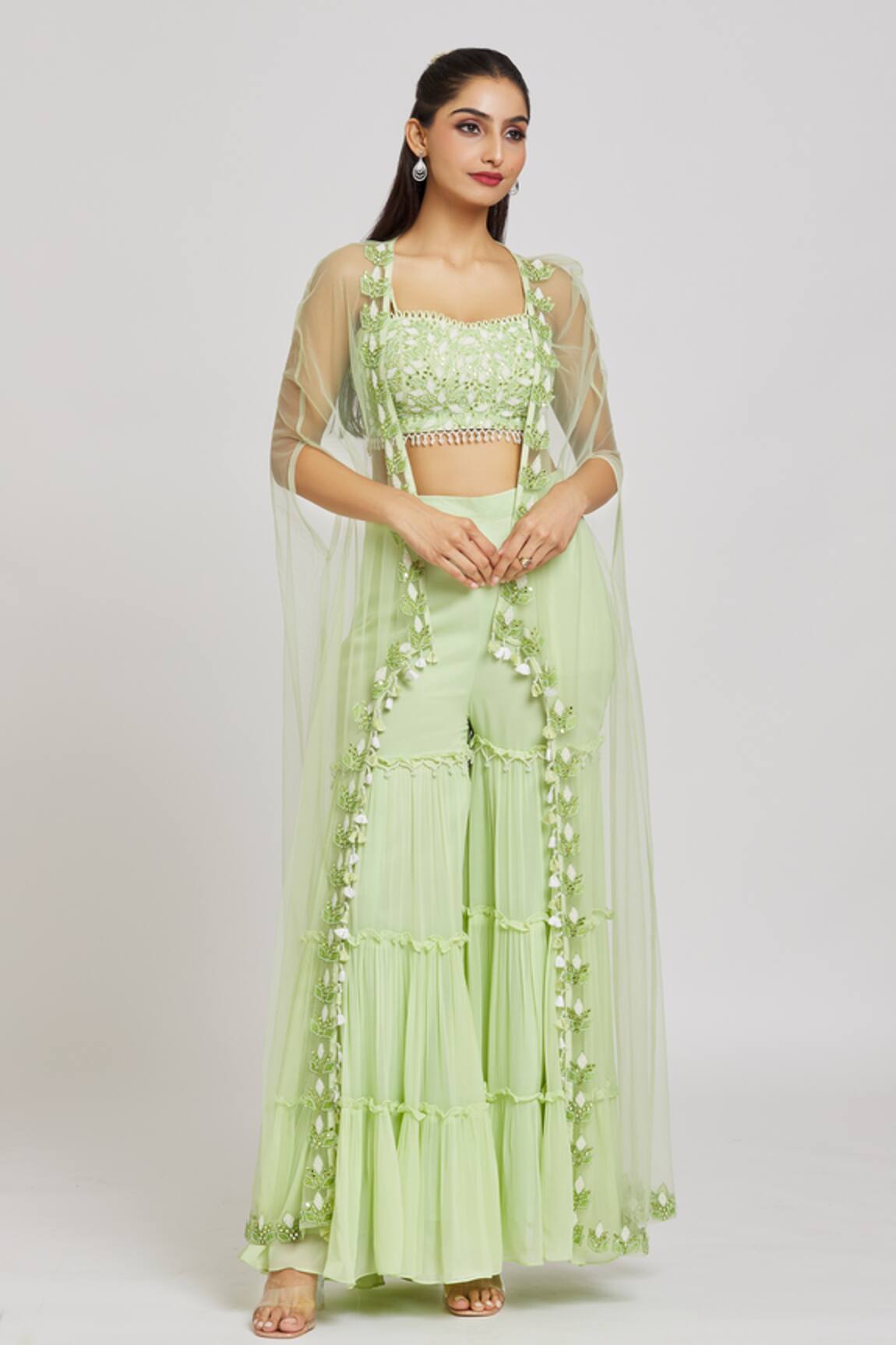 Nitisha Kashyap Official Net Embroidered Cape Gharara Set 