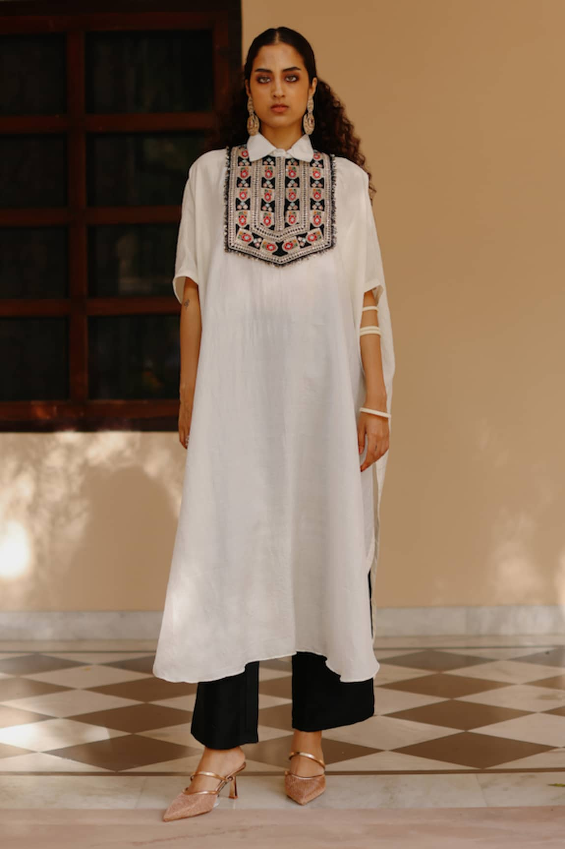 Avacara Silk Marodi Embroidered Yoke Kaftan With Pant