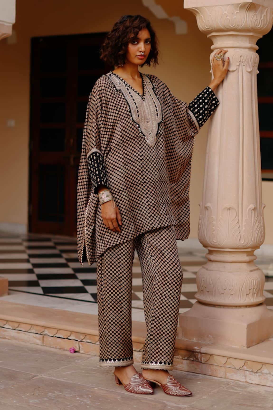 Avacara Cotton Silk Hand Block Print Kaftan With Pant