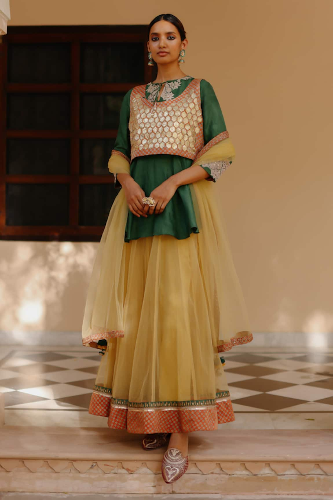 Avacara Peplum Kurta & Skirt Set With Gota Work Bib