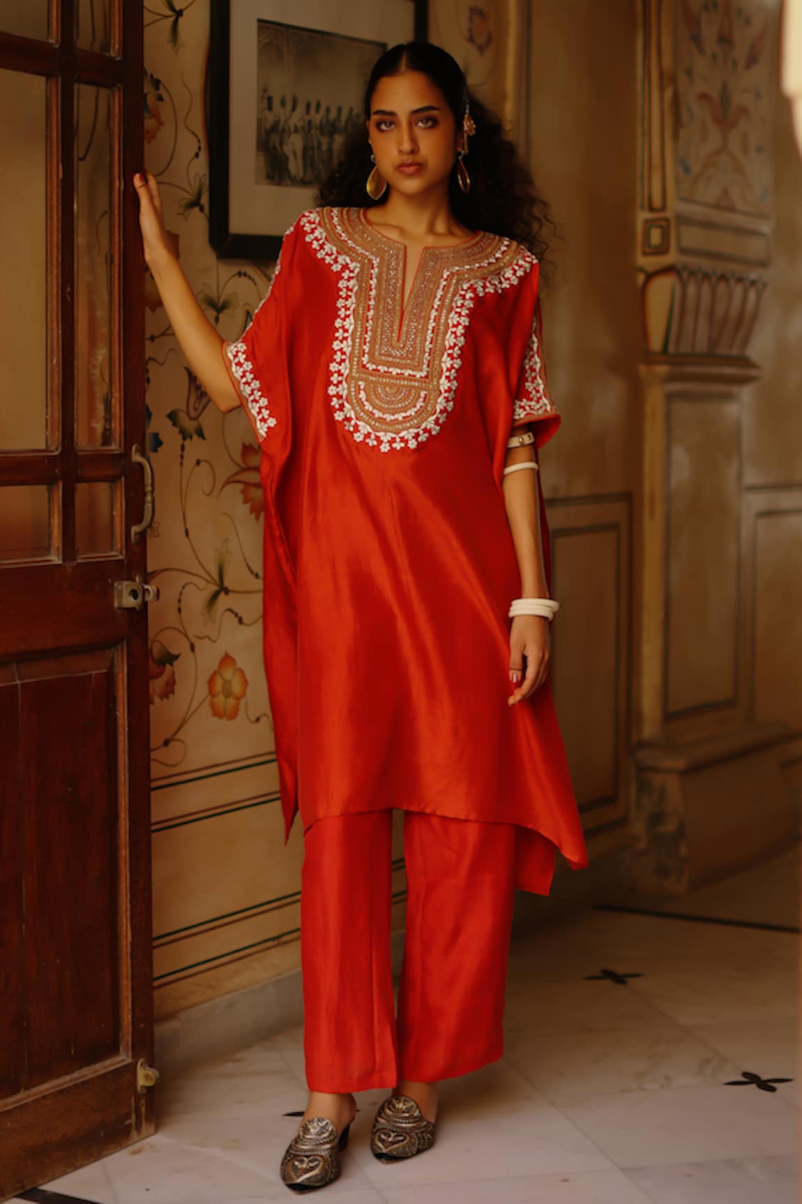 Avacara Silk Marodi Work Yoke Kaftan With Pant