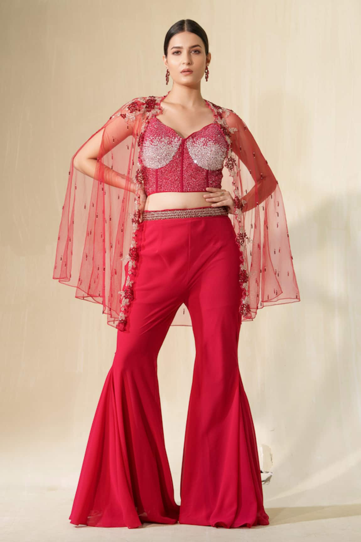 Tamaraa By Tahani Bulbul Net Embroidered Cape Bootcut Pant Set