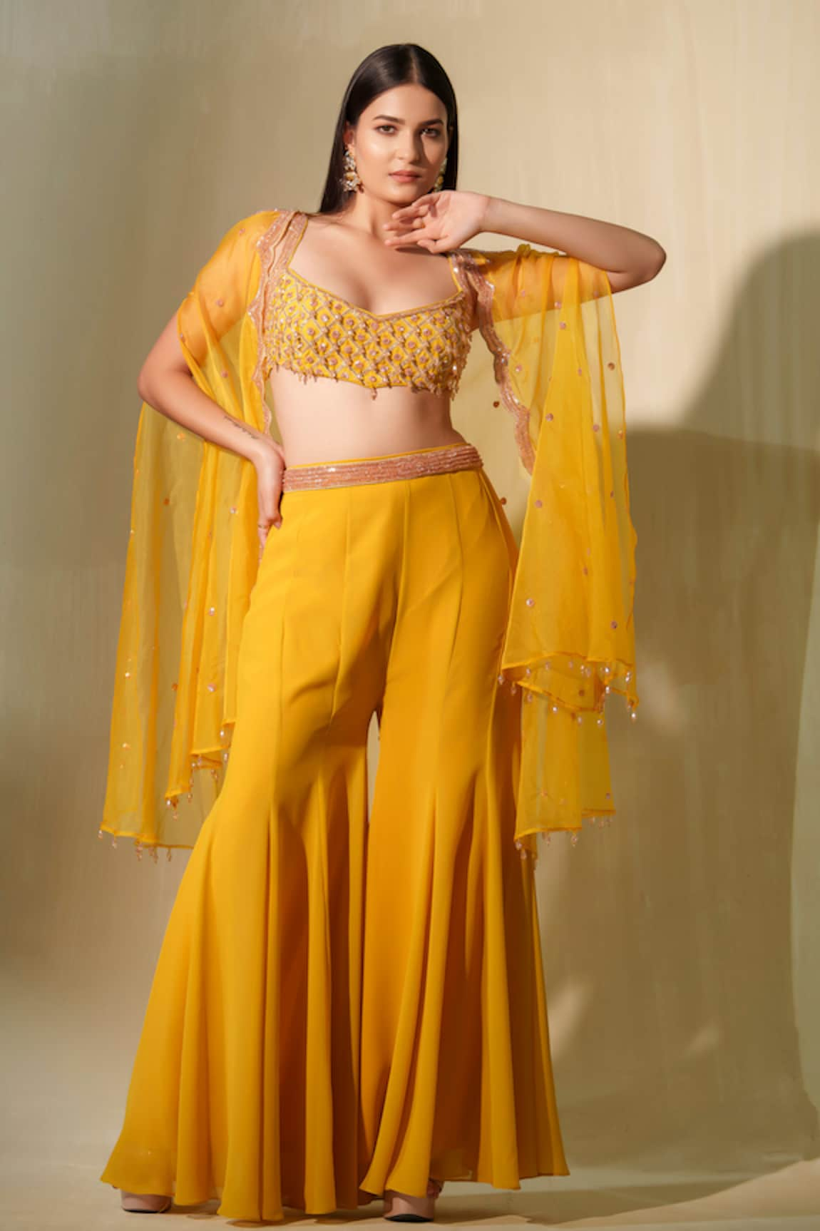 Tamaraa By Tahani Kalee Cutwork Cape Flared Pant Set