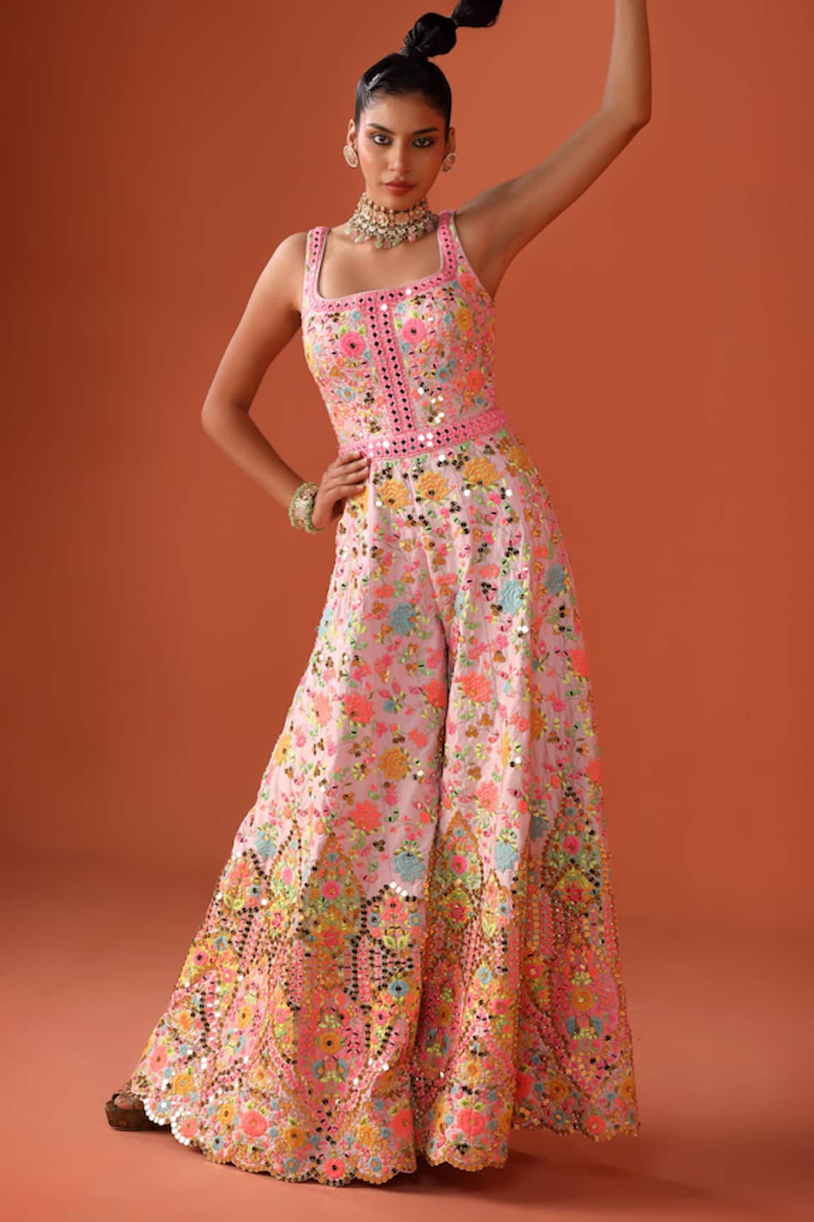 Rajbinder Chahal Floral Applique Embroidered Flared Jumpsuit