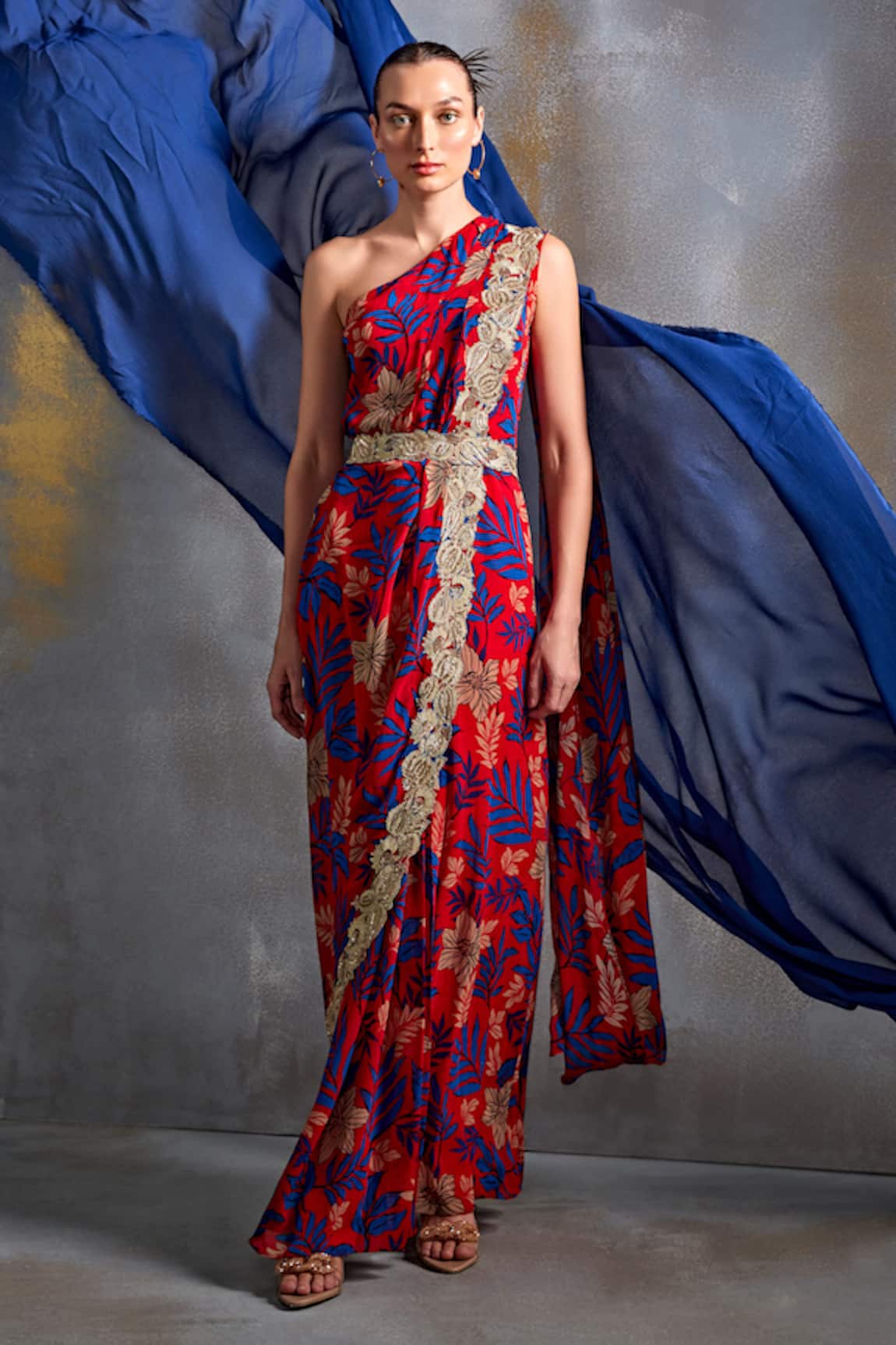 Namrata Joshipura Willow Printed Draped Saree Gown With Belt