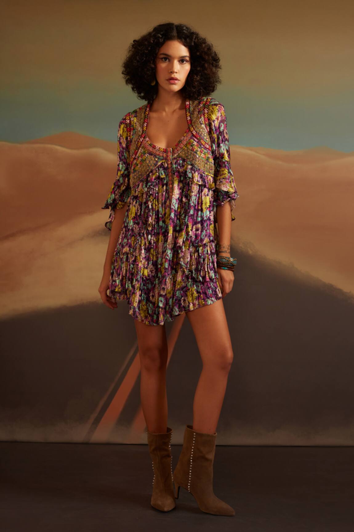 Verb By Pallavi Singhee Floral Print Embroidered Yoke Ruffle Dress