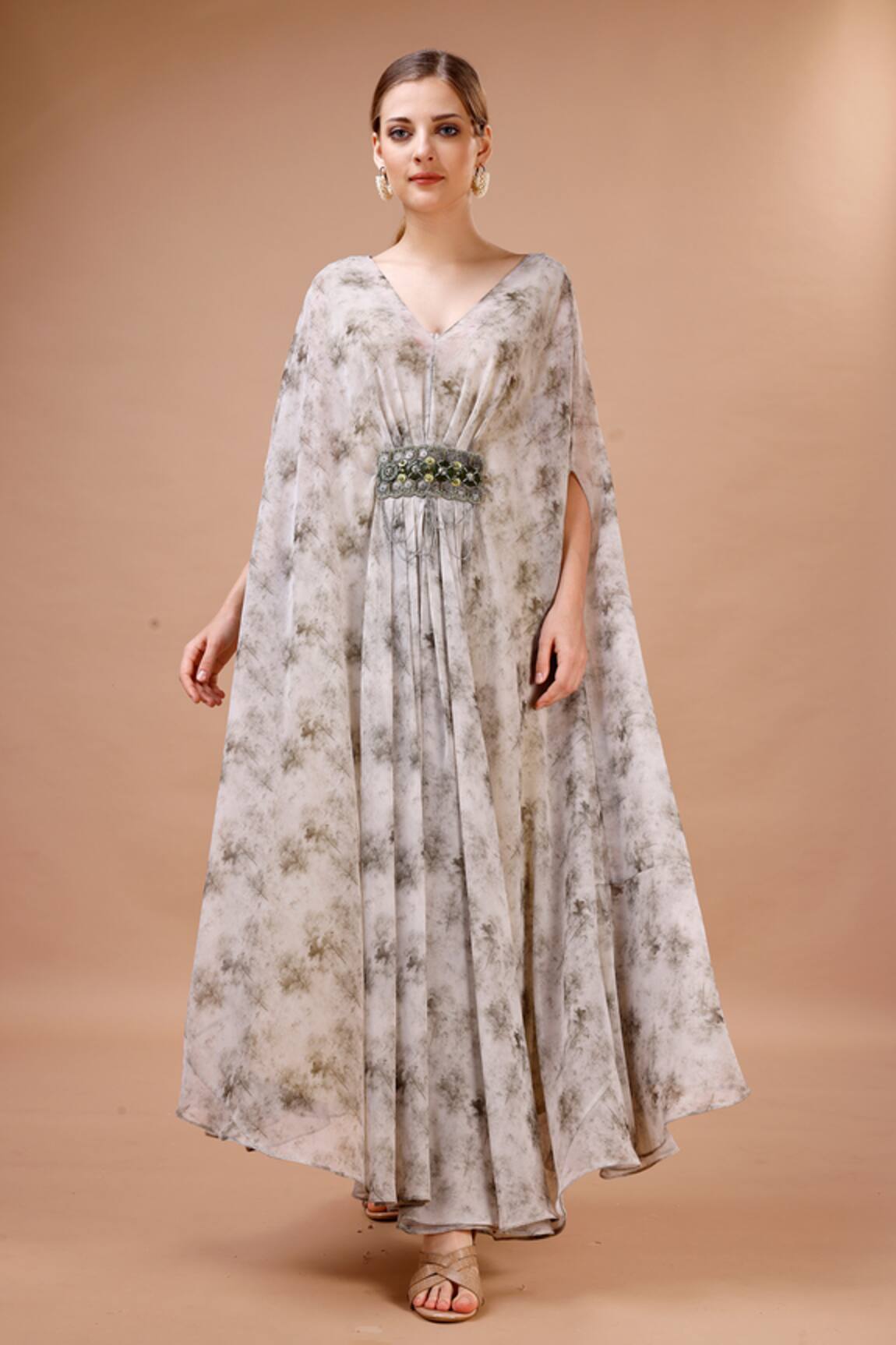 Merge Design Flower Print Kaftan With Belt 