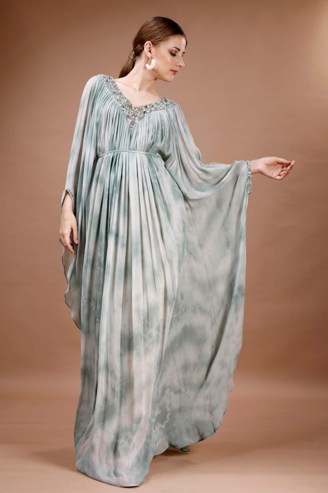 Merge Design Tie Dye Neckline Embroidered Kaftan With Belt 