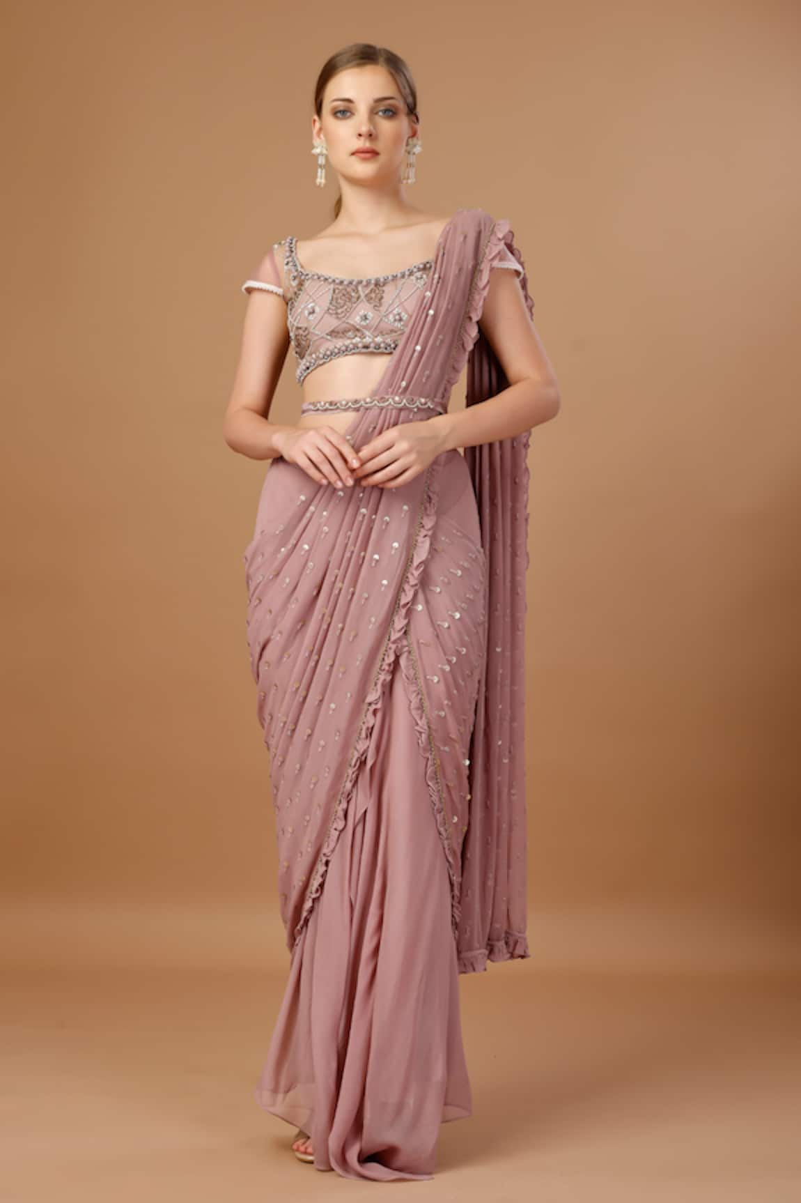 Merge Design Draped Saree Skirt Sequin Embroidered Blouse Set