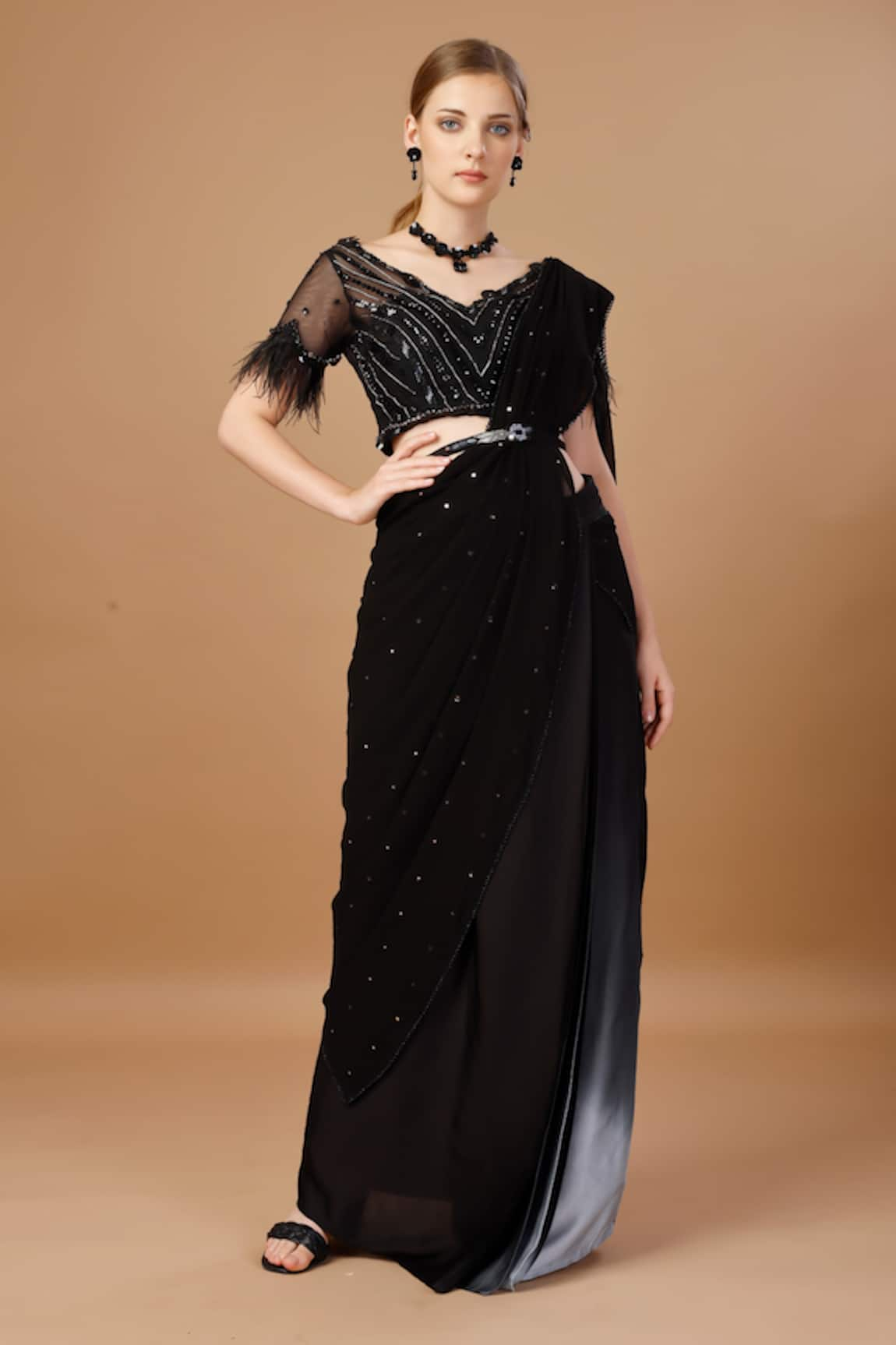 Merge Design Pre-Draped Sequin Work Saree With Blouse