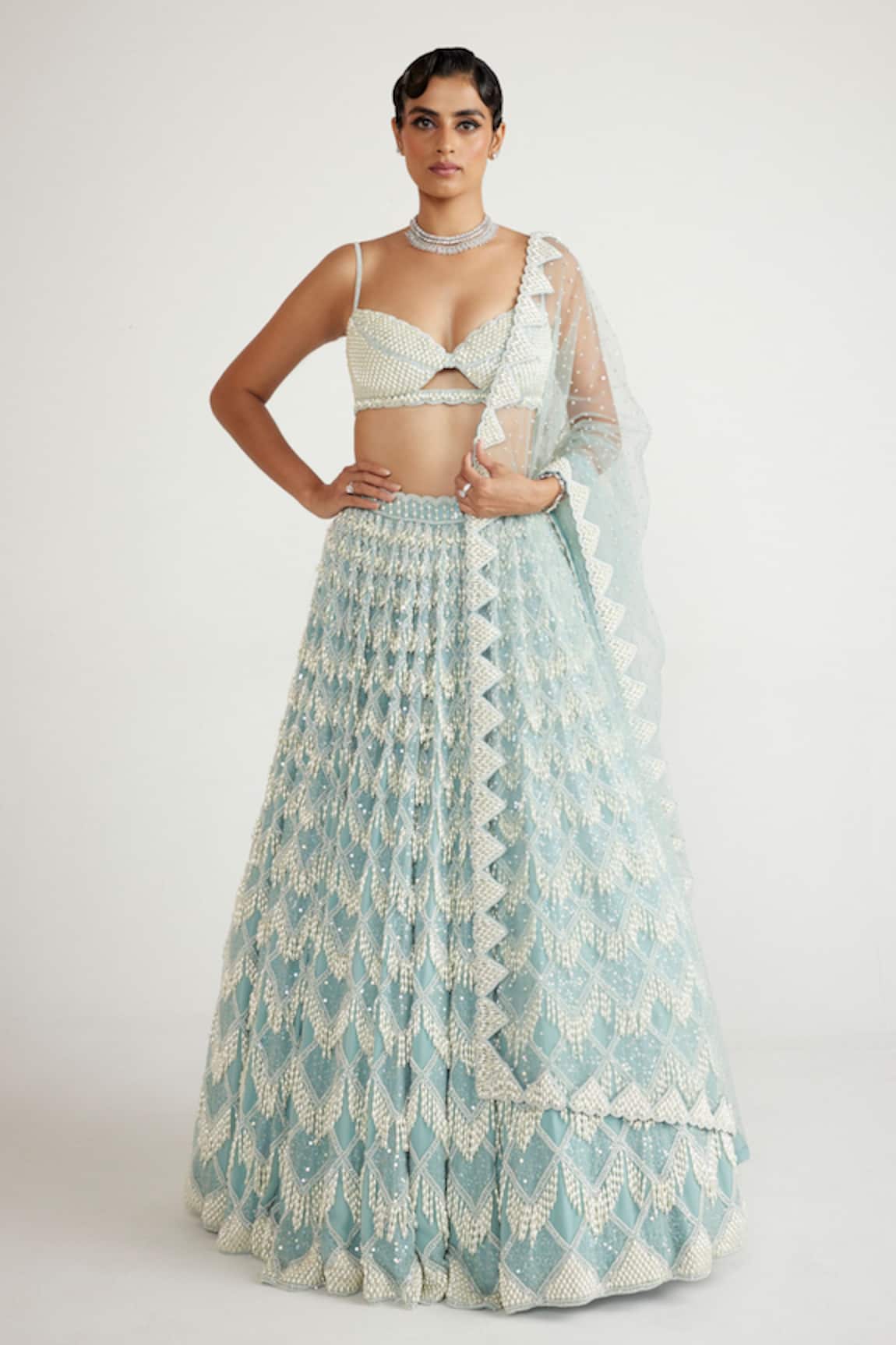Vvani By Vani Vats Chandelier Pearl Tassel Embellished Bridal Lehenga Set