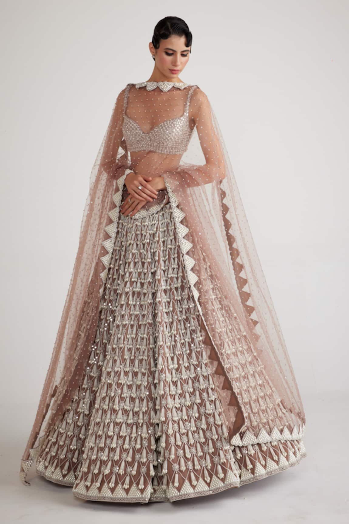 Vvani by Vani Vats Chandelier Tassel Pearl Embellished Bridal Lehenga Set