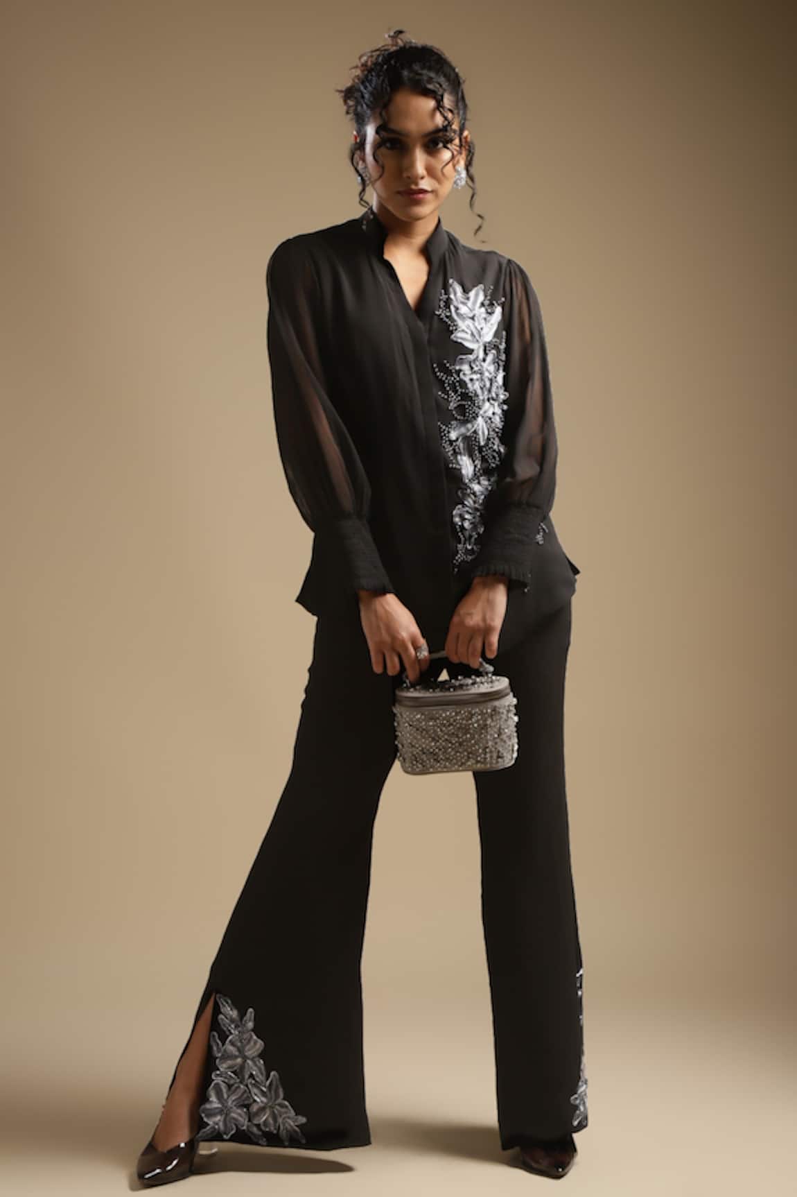 Sakshi Khetterpal Placement Embroidered Shirt & Bell Bottom Pant Set 