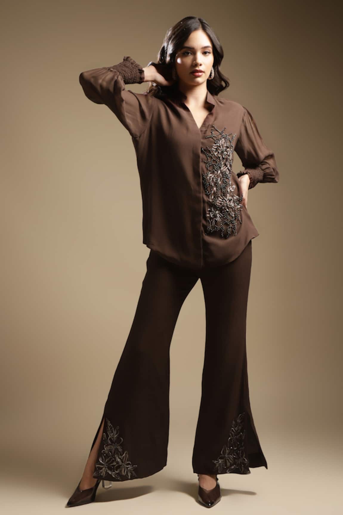 Sakshi Khetterpal Floral Placement Embroidered Shirt & Bell Bottom Pant Set 