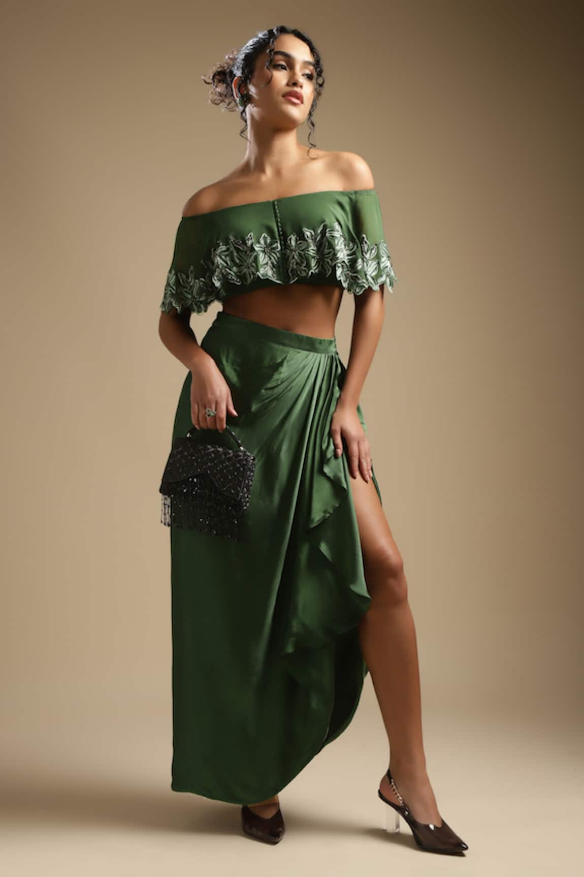 Sakshi Khetterpal Off Shoulder Embroidered Top & Draped Skirt Set