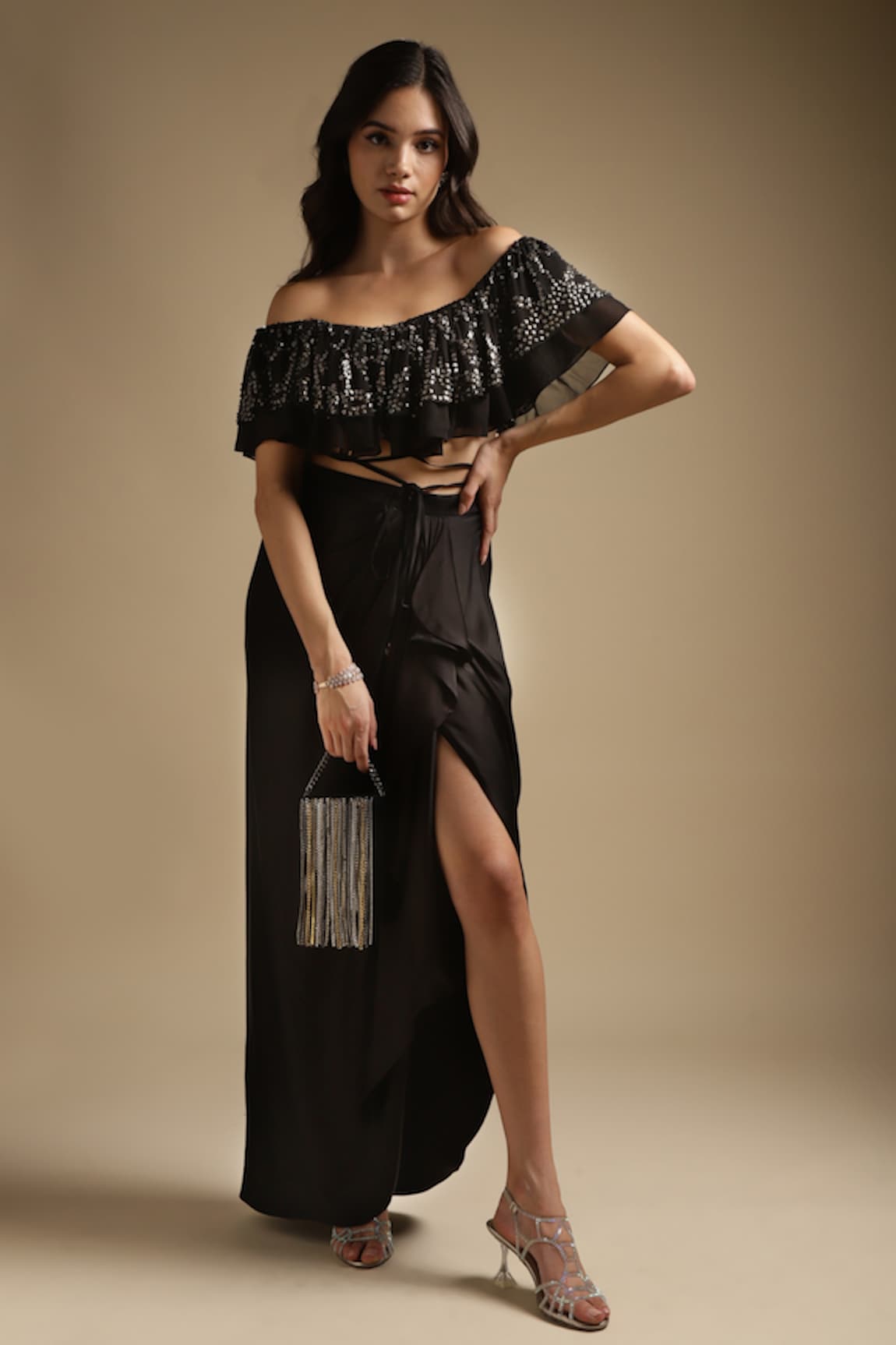 Sakshi Khetterpal Off Shoulder Ruffle Top & Draped Skirt Set