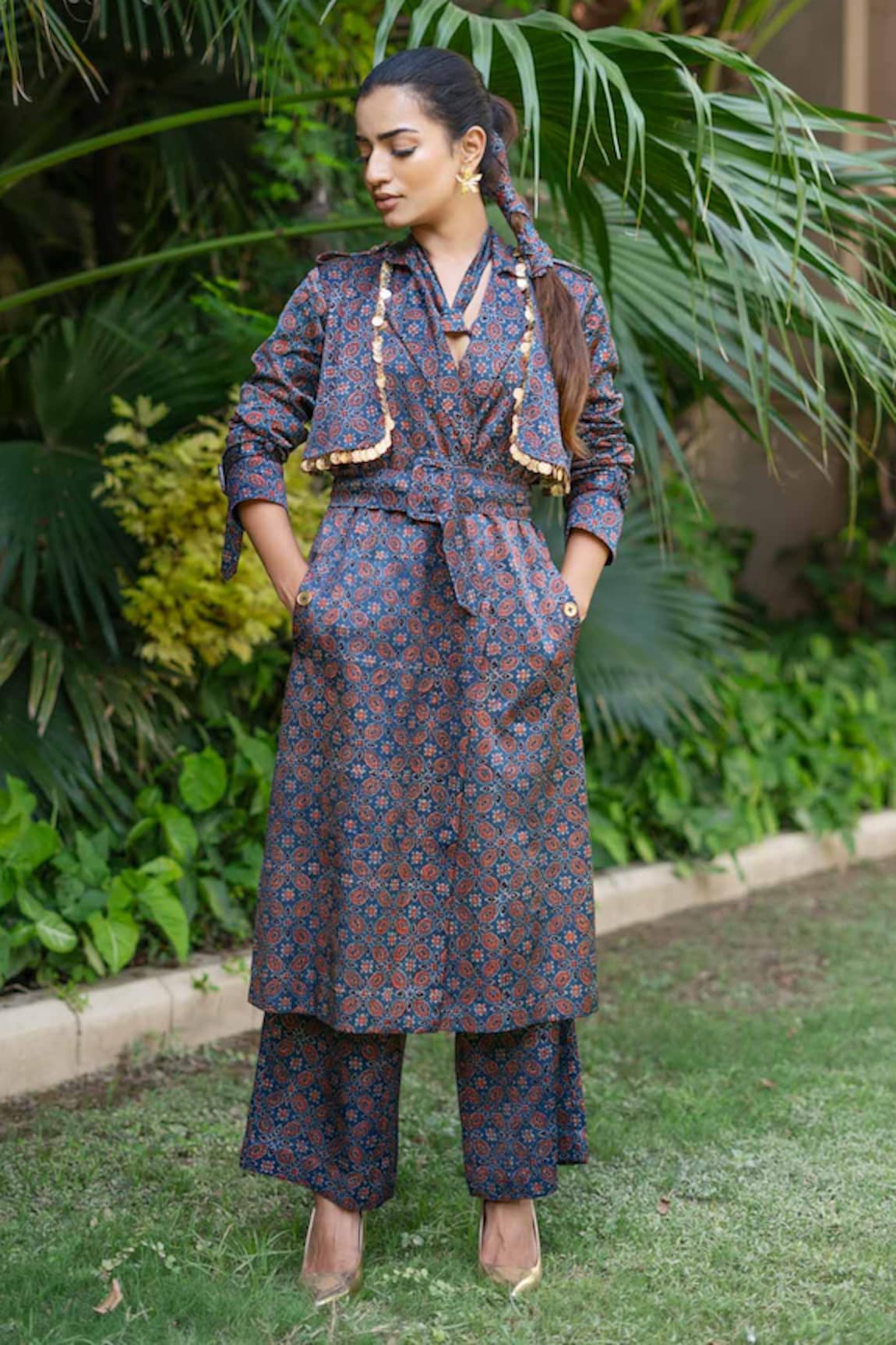 Ekavira Neelam Hand Block Print Trench Coat