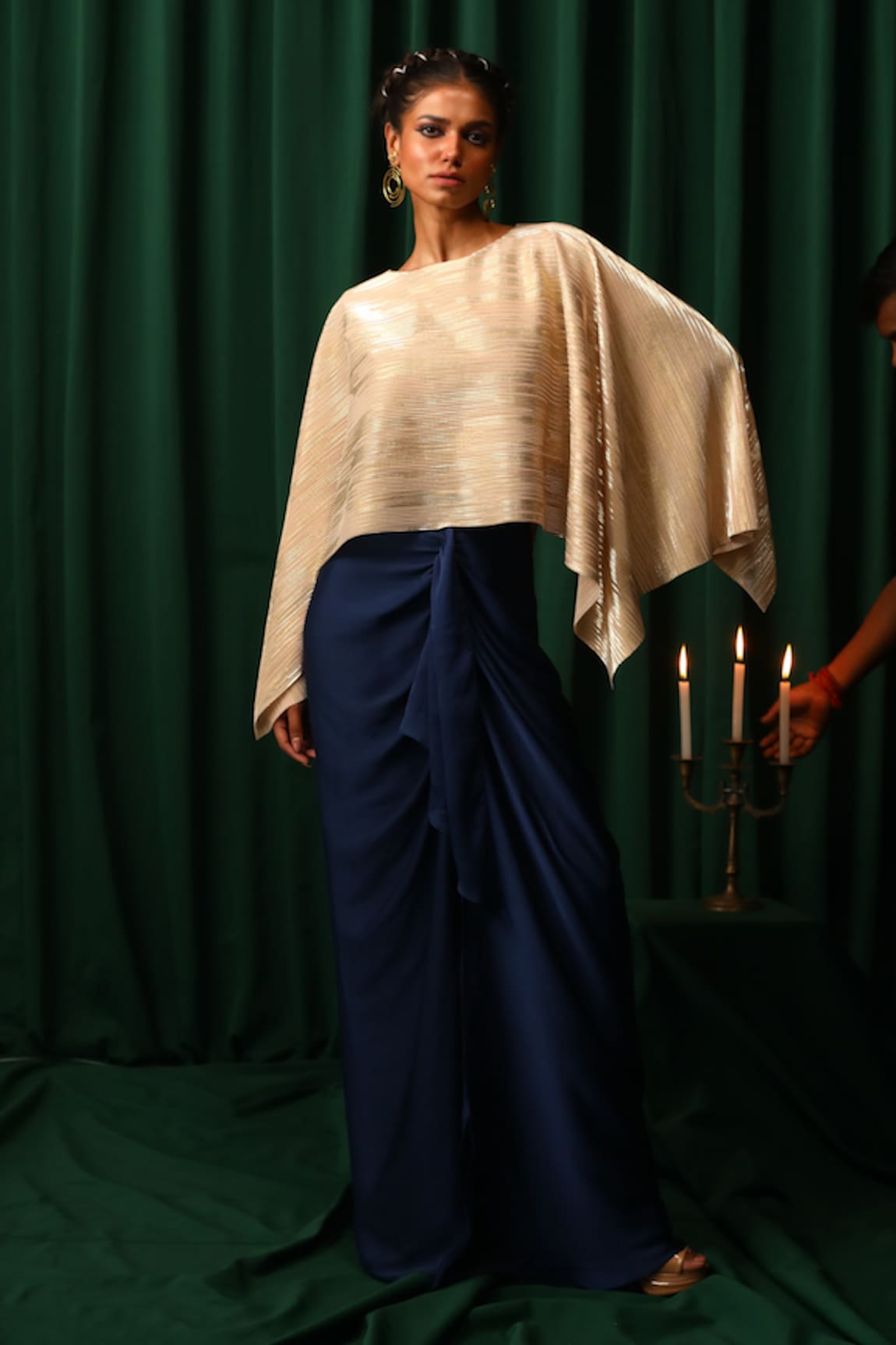 Vanshika Agarwal Soleil Foil Stripe Poncho Top With Draped Skirt