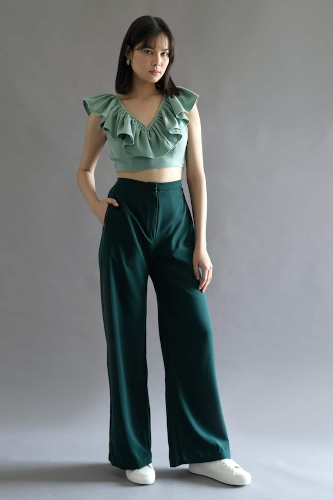 Kritika Madan Label Ruffle Neck Crop Top & Pant Set