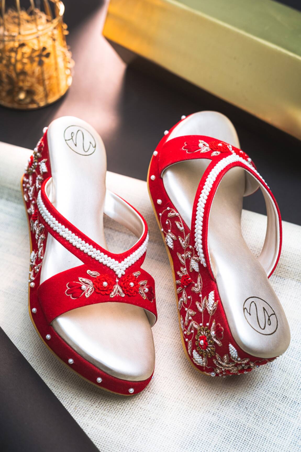 NR By Nidhi Rathi Embellished Cut Work Strap Wedges 