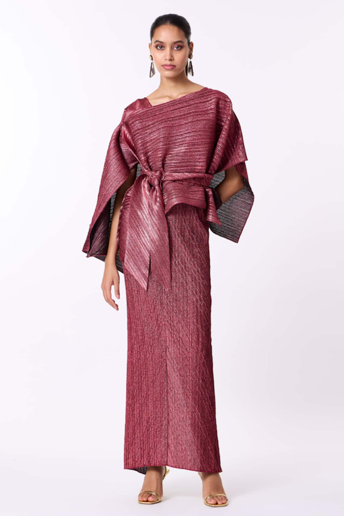 Scarlet Sage Kallista Pleated Metallic Dress With Cape