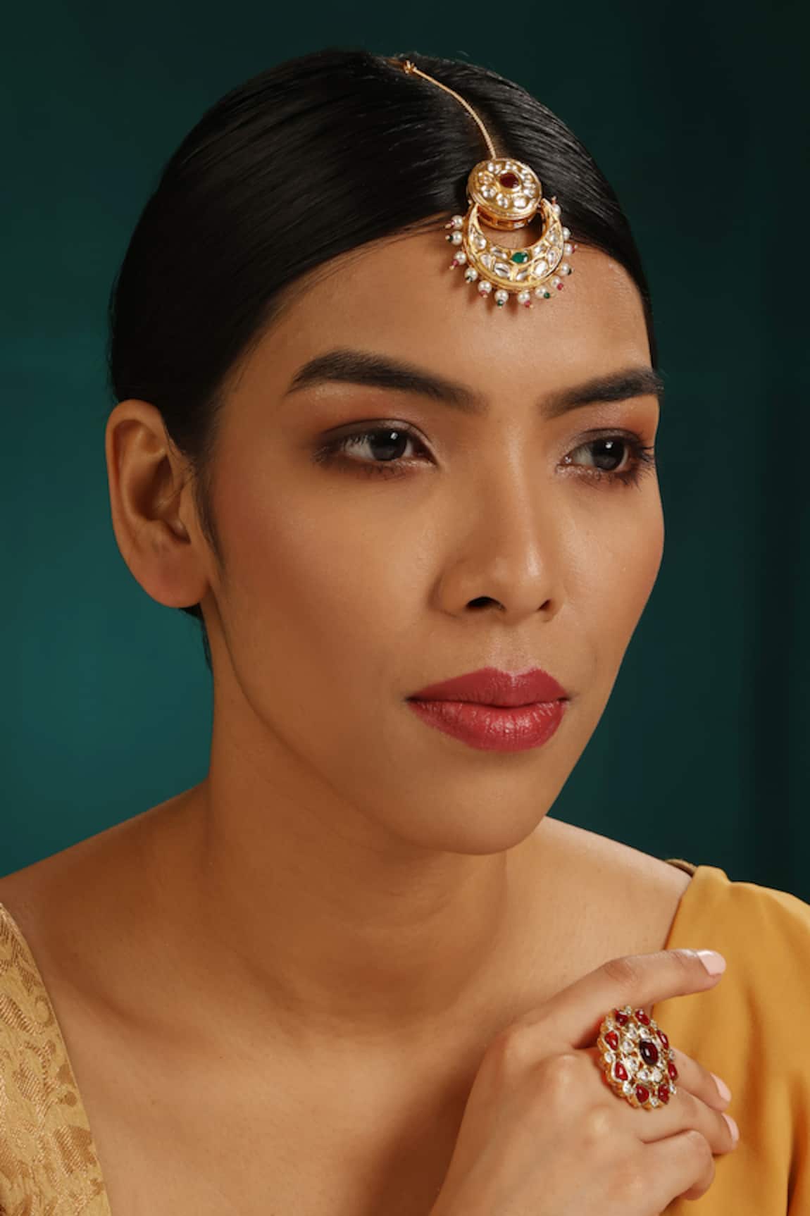 MINAKI Kundan Studded Half Moon Maangtikka 