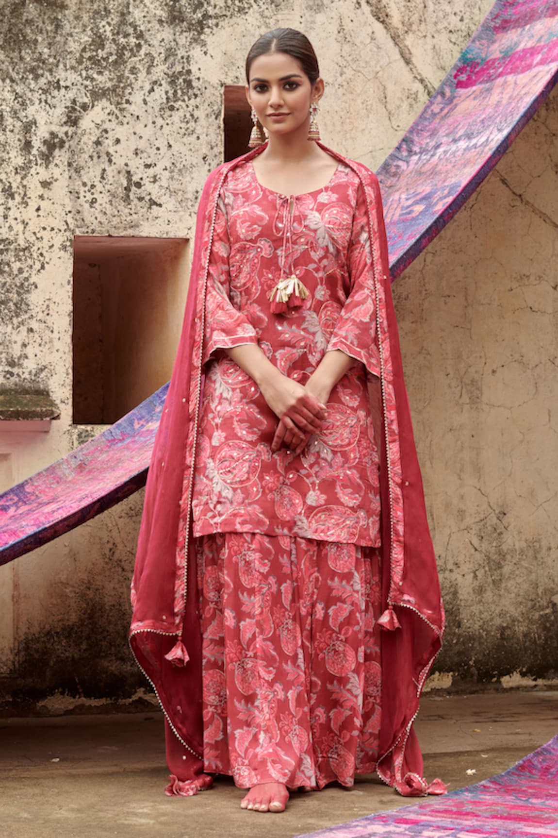 KARAJ JAIPUR Floral Print Embroidered Kurta Gharara Set