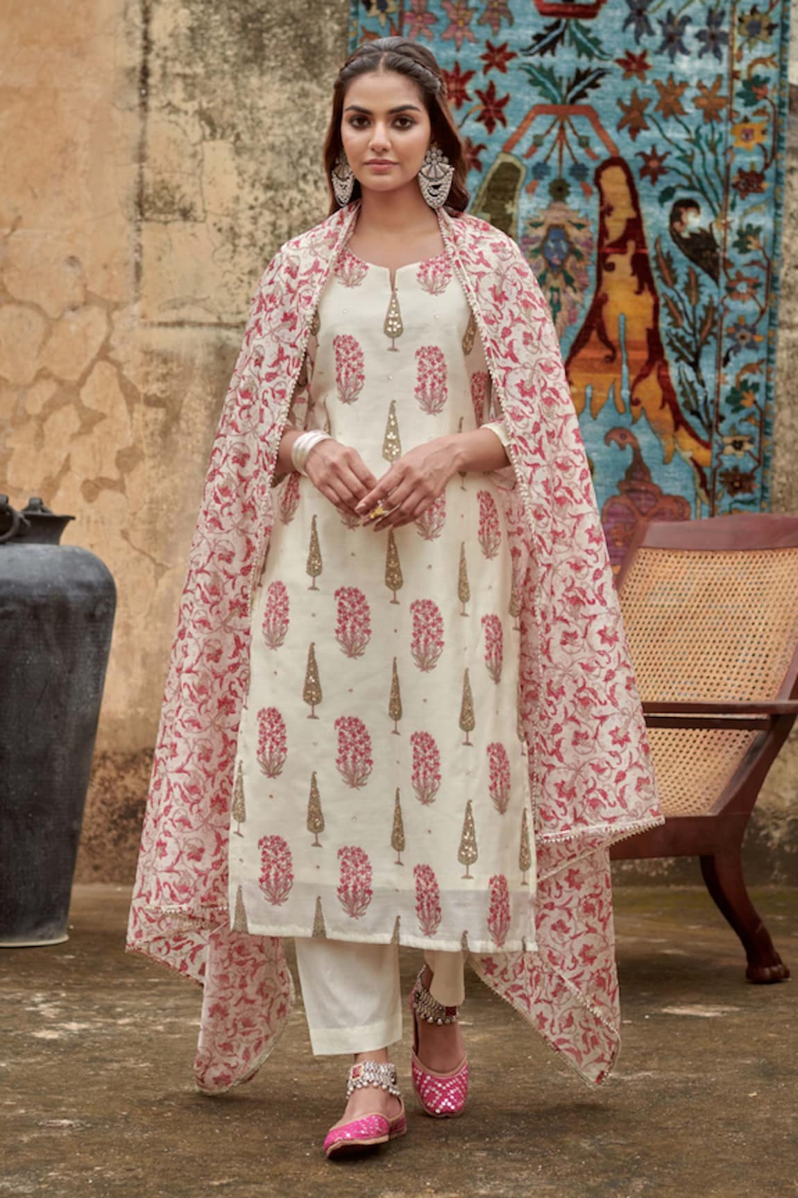 KARAJ JAIPUR Chanderi Block Print Kurta Pant Set