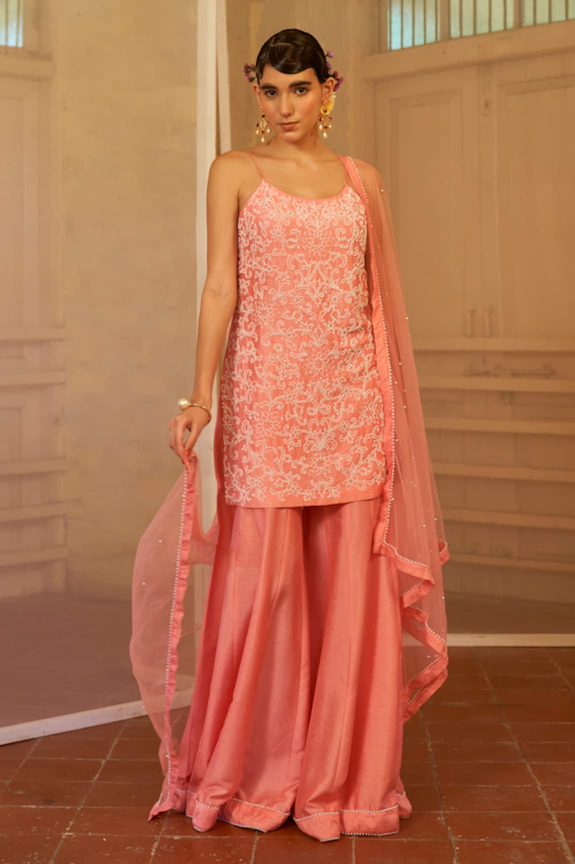 Mona And Vishu Floral Pearl Embroidered Kurta Sharara Set