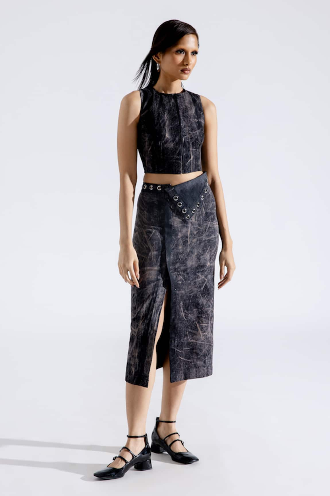 Aroka Grunge Denim High Slit Skirt