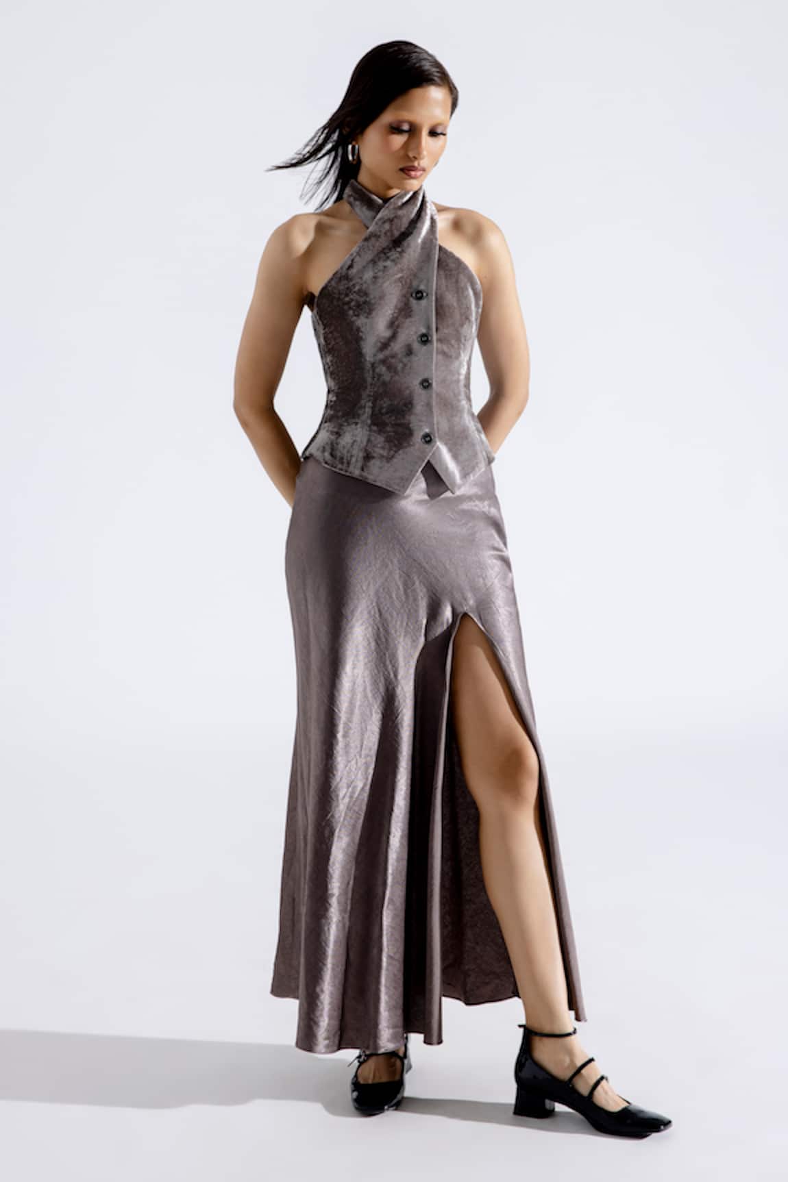 Aroka Sleek Steel Silk Velvet Waistcoat
