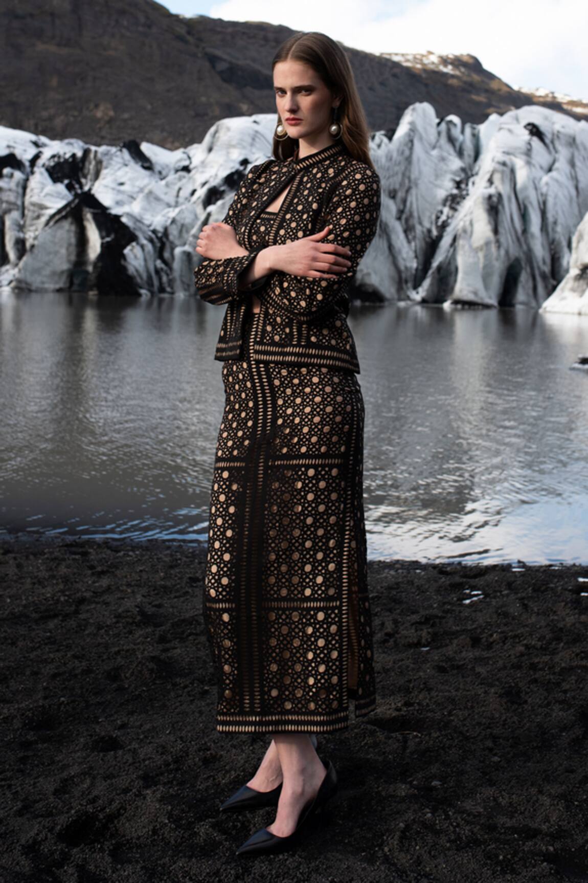 Dash And Dot Caning Cut Work Jacket & Skirt Set 