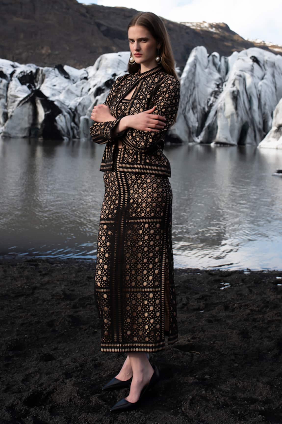Dash And Dot Caning Cut Work Jacket Skirt Set 
