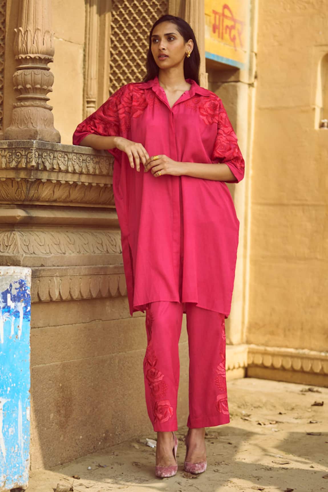 Dash And Dot Placement Rosette Embroidered Shirt With Pant 