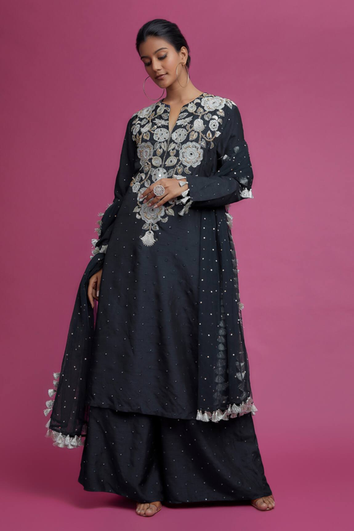 Payal Singhal Floral Applique Embroidered Kurta Palazzo Set 