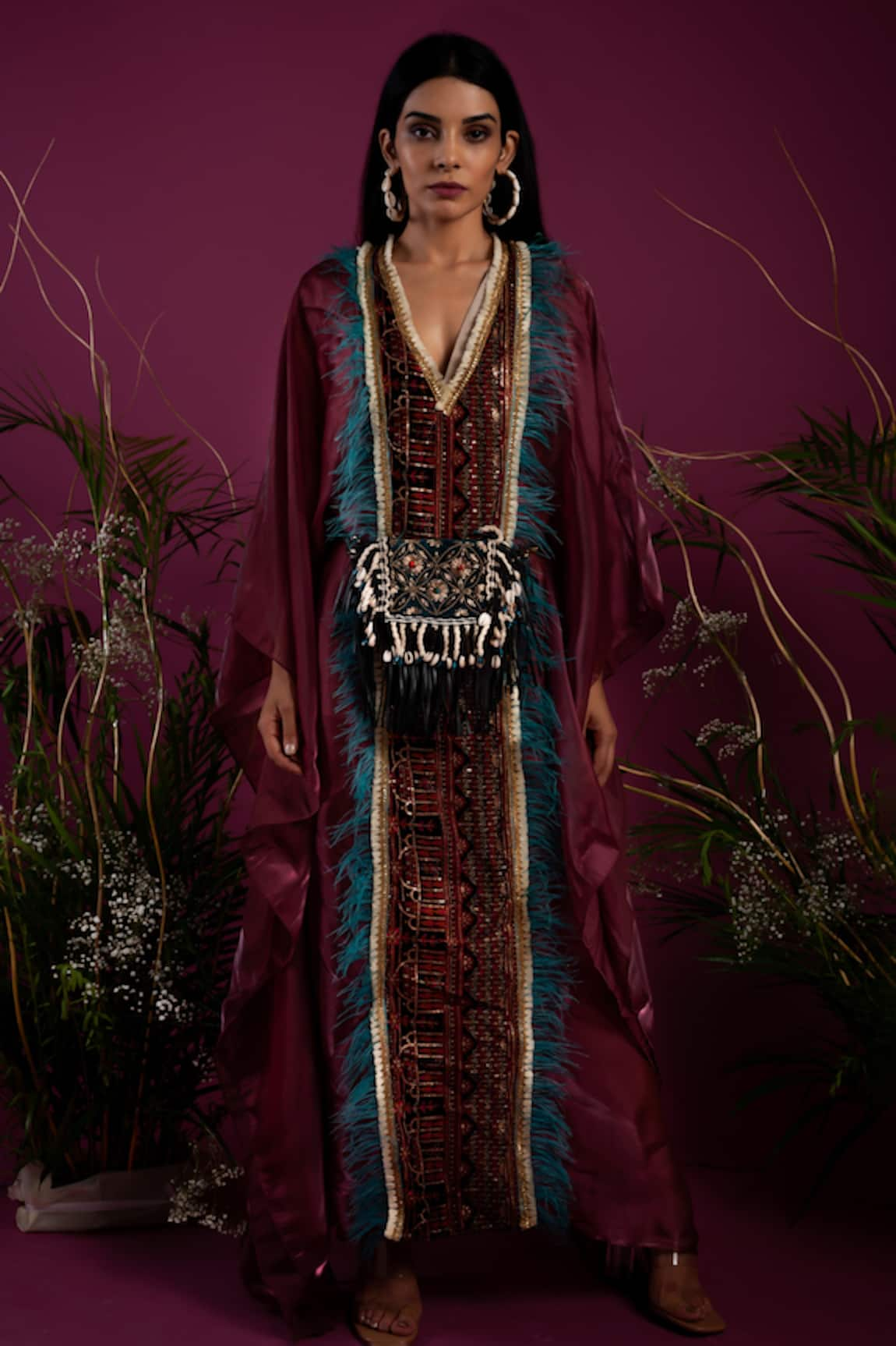 tara thakur Feather Embellished Kaftan Dress