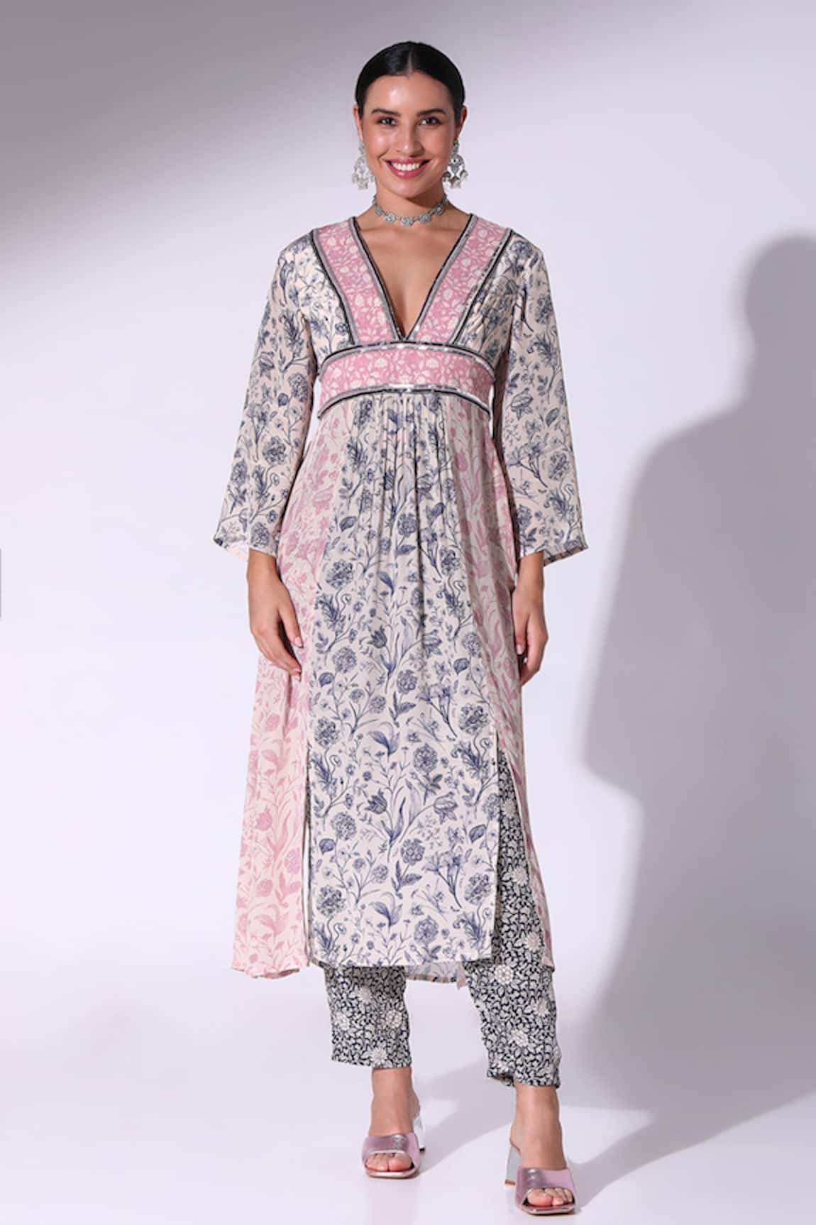 Sakshi Girri Dahlia Bloom Print Panelled Slit Kurta Pant Set