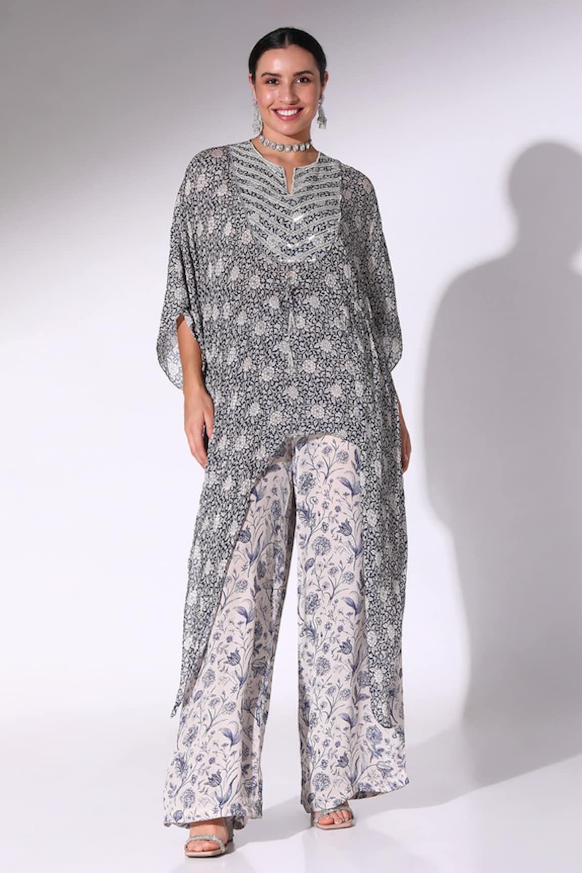 Sakshi Girri Floral Bloom Print Asymmetric Kaftan With Pant